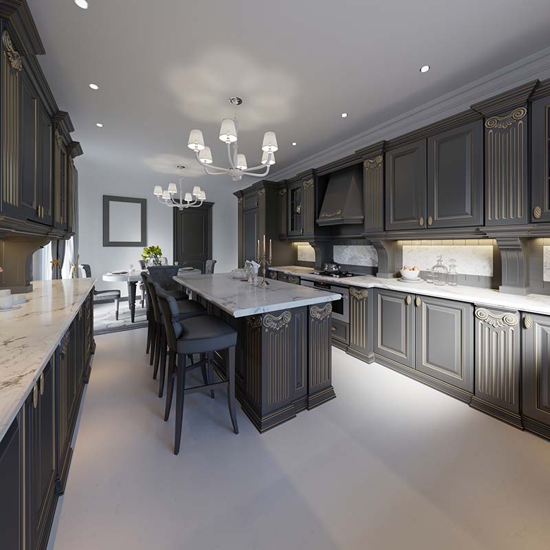 Classic style kitchen and dining room interior in black and whit